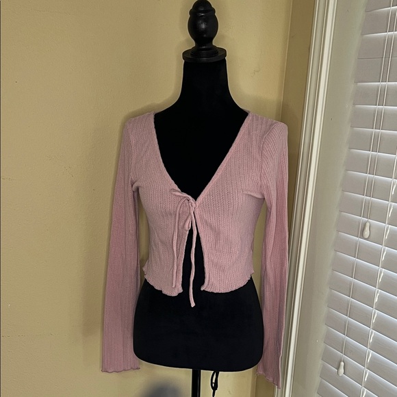 Wallflower Tops - Wallflower Pink Tie-Front Cropped Cardigan